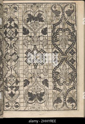 Splendido delle virtuose giovani, pag. 10 (recto) 1564 Iseppo Foresto italiano progettato da Iseppo Foresto, edito da Jeronimo Calepino, Venezia.dall'alto verso il basso, da sinistra verso destra:Design composto da 3 colonne verticali stampate su griglia. La colonna di sinistra è decorata con foglie e diamanti. La colonna centrale è decorata con un motivo interlacciato punteggiato centrale che è fiancheggiato su entrambi i lati da viti che formano le forme del cuore. La colonna di destra è decorata con viti a curvatura punteggiata a cui sono attaccate varie foglie e fiori. Splendido delle virtuose giovani, pagina 10 (recto) 660660 Foto Stock