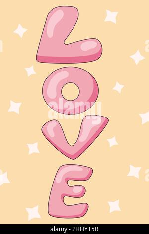 Un poster con l'iscrizione amore nel colore delle bolle, circondato da blocchi nello stile di tendenza cartoon del 70s. Illustrazione Vettoriale