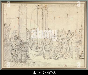 Studio per i licettori che portano Bruto i corpi dei suoi figli ca. 1788 Jacques Louis David French questo disegno è uno dei numerosi studi per la magistrale pittura di Davide al Louvre. Il soggetto, tratto dalla storia repubblicana romana, descrive il ritorno dei figli di Bruto per la sepoltura. Fu proprio Bruto (fiorito nel 510 a.C.) a condannare i suoi figli a morte per tradimento. Studio per i licettori che portano Bruto i corpi dei suoi figli 459961 Foto Stock