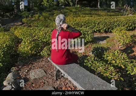 Donna matura irriconoscibile nella piantagione di tè Monte Verita Foto Stock