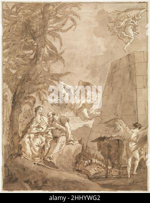 Il resto sul volo in Egitto (con una piramide troncata sulla destra) ca. 1770 Giovanni Domenico Tiepolo Italiano Gesù si voltò verso la palma e disse: "Questo privilegio ti do, o palma, che uno dei tuoi rami sia portato via dagli angeli e piantato nel paradiso del Padre mio". Mentre parlava, ecco, apparve un angelo del Signore, si fermò sulla palma e, togliendo uno dei suoi rami, volò in cielo con il ramo in mano. —Liber de Infantia Salvatoris, 21 tra angeli alati e un asino caratteristico, la Vergine Maria, Giuseppe e il Cristo Bambino riposano Foto Stock