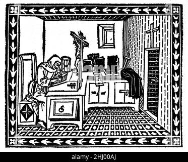 Italiano Scholar Girolamo Savonarola (1452-1498) alias Jerome Savonarola, che lavora nella cella di Monk o studia Firenze Italia. Savonarola era un frate Domenicano italiano nel Rinascimento di Firenze che credeva in una vita vertuosa con vizio, lusso o ostentazione. c15th Woodcut Print, Engraving or Illustration. Foto Stock