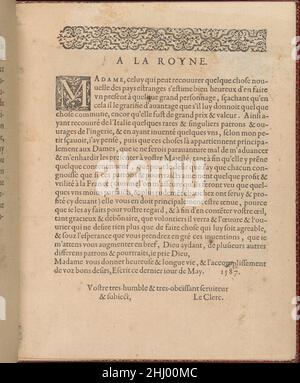 Les Singuliers et Nouveaux Portraicts... pagina 4 (recto) 1588 Federico de Vinciolo italiano progettato da Federic de Vinciolo, pubblicato da Jean le Clerc, Parigi, legato da Chambolle-Duru, francese, 19th secolo.dedica stampata in nero con ornamentale "M". Sopra il testo si trova un fregio ornato con un motivo fogliame. Les Singuliers et Nouveaux Portraicts... pagina 4 (recto) 358422 Foto Stock