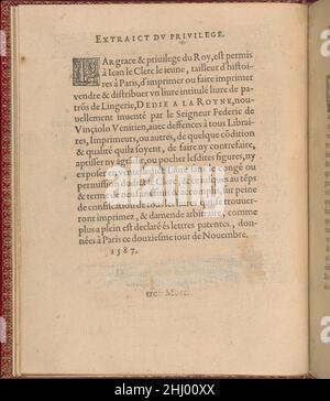 Les Singuliers et Nouveaux Portraicts... pagina 3 (verso) 1588 Federico de Vinciolo Italiano progettato da Federic de Vinciolo, pubblicato da Jean le Clerc, Parigi, legato da Chambolle-Duru, francese, 19th secolo.estratto di privilegio stampato in nero con ornamentale "P". L'indirizzo in fondo alla pagina è stato spazzato via. Les Singuliers et Nouveaux Portraicts... pagina 3 (verso) 358422 Foto Stock