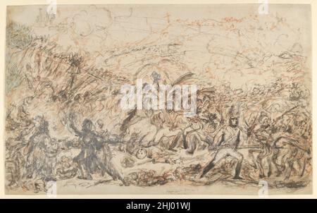 I patrioti spagnoli attaccano i Banditti francesi – fedeli britannici Lending a Lift 1808 James Gillray Gillray qui sviluppa un attacco satirico pubblicato a Londra il 15 agosto 1808. La sua concezione dinamica risponde alla battaglia di Bailén, vinta dalle truppe spagnole e britanniche il 16–19 luglio contro un superiore occupante delle forze francesi nel sud della Spagna, una vittoria che dimostrò un punto di raduno per i britannici durante la lunga e desolante guerra peninsulare (1807–14). Il lavaggio rosso-marrone è stato usato per stendere in forme con elementi rinforzati usando inchiostro nero. Battaglioni massaggiati in lontananza girano dietro una serie di combattimenti fregi Foto Stock