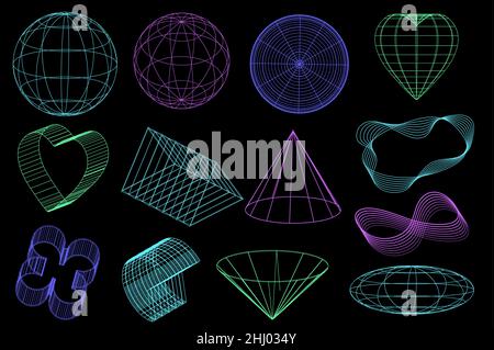 Creare mesh di forme astratte con il globo in un set di stile minimal. Elementi futuristici e forme retroffuturistiche. Set di neo memphis, Vaphwave. Vettore Illustrazione Vettoriale