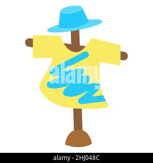 Scarecrow per giardino e fattoria, illustrazione vettoriale in stile cartoon flat. Stampa di libri per bambini, adesivi, riviste, negozi, design e arredamento Illustrazione Vettoriale