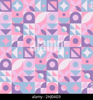 Ripetizione geometrica senza giunture astratta. Stampa stile neo geo, illustrazione vettoriale. Semplice ripetizione di linee e forme sfondo mosaico. Rosa, blu e. Illustrazione Vettoriale