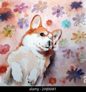 Acquerello colorato: Happy corgi pembroke cane tra i fiori. Illustrazione. Foto Stock