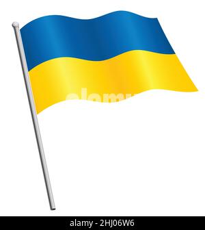 Bandiera Ucraina di ucraina che volano ondeggiante che scorre su flagpole vettore di seta isolato su sfondo bianco Illustrazione Vettoriale