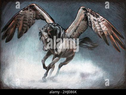 Una bellissima e maestosa pegasus nera spalma le sue ali per decollo. Disegno. Foto Stock