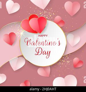 Biglietto di auguri per San Valentino. Modello di progetto invito con forma a cuore. Cuori rosa rosso con profilo oro brillante. Buon giorno di San Valentino banner. Oro Illustrazione Vettoriale