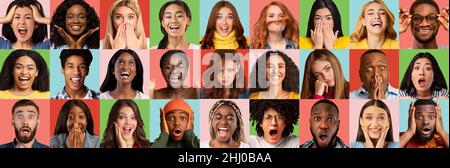 Immagine creativa di ritratti di persone emotive multirazziali millennial Foto Stock