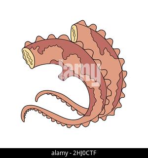 Polpo greco al forno. Tentacoli polpo. Cucina greca tradizionale. Illustrazione disegnata a mano con vettore. Elemento di design per menu cafe, bistro, ristorante. Illustrazione Vettoriale