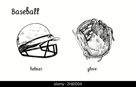 Casco e guanto da baseball. Disegno in bianco e nero in legno. Foto Stock