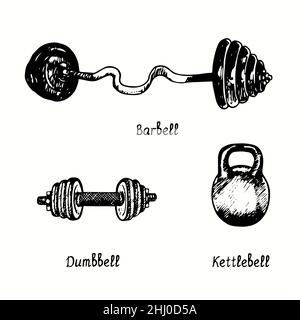 Barbell, manubell, kettlebell. Disegno in bianco e nero in legno. Foto Stock