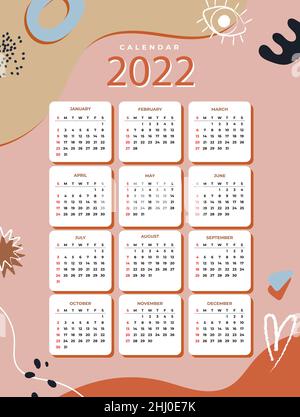 Modello calendario Flat 2022 illustrazione vettoriale. Illustrazione Vettoriale