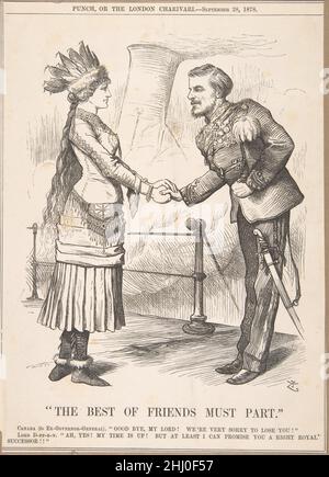 The Best of Friends must Part (Punch, 28 settembre 1878) 1878 dopo Sir John Tenniel British questa incisione in legno apparve nel periodico londinese 'Punch' e rappresenta il terzo Governatore Generale del Canada, il Conte di Dufferin del 1st, salutando una donna che simboleggia la nazione. il conte servì nella posizione 1872-78 e supervisse numerosi cambiamenti e avanzamenti. Il meglio degli amici deve partecipare (Punch, 28 settembre 1878) 685293 Foto Stock