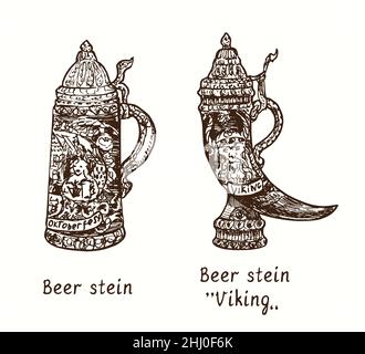 Collezione Beer stein. Standard e 'Viking'. Disegno in bianco e nero in legno. Foto Stock