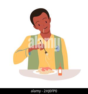 Uomo che mangia pasta, cibo italiano, studente che tiene la forchetta a portata di mano per mangiare deliziosi spaghetti Illustrazione Vettoriale