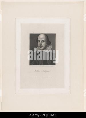 William Shakespeare 1827 Charles Picart creato per "Inquiry into the History of the Shakespeare Portraits" di Abraham Wivell (1827), la stampa di Picart riduce accuratamente la famosa incisione della pagina del titolo di Droeshout nella prima Folio (1623). Il Bard si distingue per la sua fronte prominente, capelli lunghi che coprono le orecchie, baffi e baffi (cerotto di capelli sotto il labbro inferiore). Indossa un colletto bianco stellato, un doppietto adornato con pizzo o treccia, e fissato da bottoni coperti. Dal momento che l'immagine originale è stata approvata da attori amici di Shakespeare, che ha curato la pubblicazione del 1623, e accompagnato da Foto Stock
