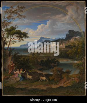 Paesaggio eroico con arcobaleno 1824 Joseph Anton Koch Austriaco il pittore classico-addestrato Joseph Anton Koch era una figura-padre a molti artisti di lingua tedesca che hanno visitato Roma all'inizio del diciannovesimo secolo. Rinnovò il genere della pittura eroica del paesaggio, che era stata stabilita dai maestri francesi del XVII secolo Claude Lorrain e Nicolas Poussin. La fama di Koch si basa su questa immagine iconica, che egli ha definito “paesaggio greco”. È la quarta e ultima versione di una composizione che ha dipinto per la prima volta nel 1805 (Staatliche Kunsthalle, Karlsruhe). Paesaggio eroico con Rainbow Foto Stock