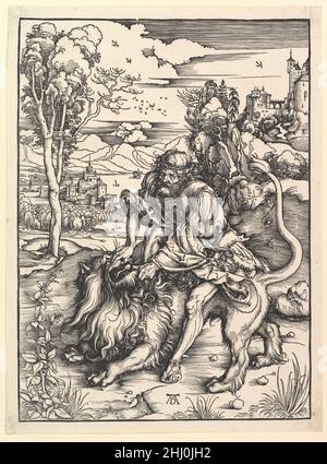 Samson che rendo il Leone ca. 1497–98 Albrecht Dürer tedesco Dürer elevò il terreno di taglio del legno ad un livello senza precedenti di virtuosità tecnica. In Samson che rendava il Leone, ottenne effetti pittorici impressionanti che si accompagnano a quelli creati nelle incisioni contemporanee. Notevoli gradazioni di tono sono state realizzate nella mana del leone, tanto più sorprendente se si considera che ogni linea nera rastremata nella stampa è stata formata nel blocco di legno scheggiando via il legno su entrambi i lati della linea desiderata. Questa manipolazione esperta e sicura è particolarmente caratteristica dei primi tagli di legno di Dürer, d Foto Stock