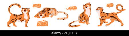 Cartoon felice cute animali selvatici. 2022, biglietto di auguri di Capodanno cinese con divertente Tiger cuccioli impostare vettore illustrazione. Prosperità orientale fortunato simbolo Illustrazione Vettoriale