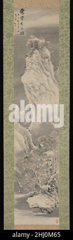 Preparare il tè in una capanna coperta di neve 1791 mazzo di Tani? Giapponese una scena intima di due signori che condividono il tè in un rifugio rustico, incorniciata da un boschetto di alberi alla base di torreggianti picchi nevosi, è resa in brushwork grossolano e cinetico che ricorda i pittori di Ming-Zhe-scuola. Tani Bunch?, il pittore e insegnante più influente della sua giornata ad Edo (Tokyo), praticava un'ampia varietà di stili cinesi. Preparazione del tè in una capanna coperta di neve. Tani mazzo? (Giapponese, 1763–1840). Giappone. 1791. Scorrimento sospeso; inchiostro e colore sulla carta. Periodo Edo (1615–1868). Dipinti Foto Stock