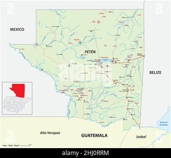 Cartina stradale dello stato guatemalteco di Peten con le più importanti rovine maya Illustrazione Vettoriale