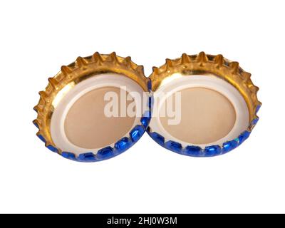 Tappo metallico blu per bottiglia di birra isolato sul bianco Foto Stock