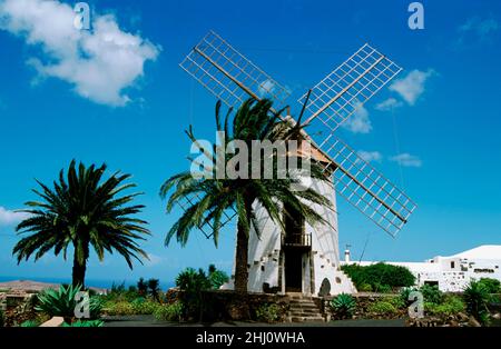 Mulino a vento in Museo 'Museo agricola el patio' a Tiagua, Lanzarote, Isole Canarie, Spagna Foto Stock