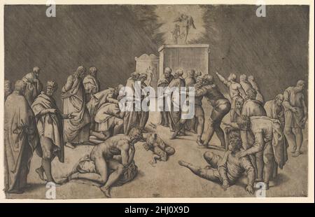 I Filistei collocano l'Arca dell'Alleanza nel Tempio di Dagon ca. 1540 Battista Franco Italiano. I Filistei collocano l'Arca dell'Alleanza nel Tempio di Dagon 371778 Foto Stock