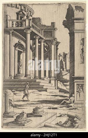 Paesaggio Classizing con tre figure, da una serie di rovine architettoniche con figure, al contrario dopo le stampe di Jacques Androuet Ducerceau dopo Léonard Thiry ca. 1550–62 Virgil Solis Tedesco. Paesaggio Classizing con tre figure, da una serie di rovine architettoniche con figure, al contrario dopo le stampe di Jacques Androuet Ducerceau dopo Léonard Thiry 399621 Foto Stock