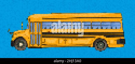 Icona pixel art School bus vettoriale su blu Illustrazione Vettoriale