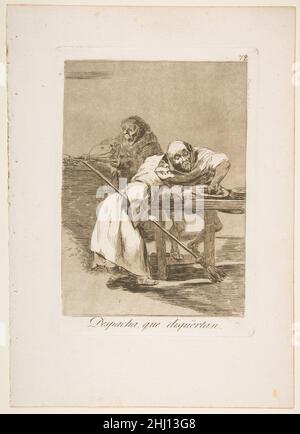 Piatto 78 da 'Los Caprichos': Siate veloci, si stanno svegliando (Despacha, que dishiértan.) 1799 Goya (Francisco de Goya y Lucientes) Spagnolo. Targa 78 da 'Los Caprichos': Siate veloci, si stanno svegliando (Despacha, que dishiértan.). Goya (Francisco de Goya y Lucientes) (spagnolo, Fuendetodos 1746–1828 Bordeaux). 1799. Acquaforte, acquatinta brunita. Stampa Foto Stock