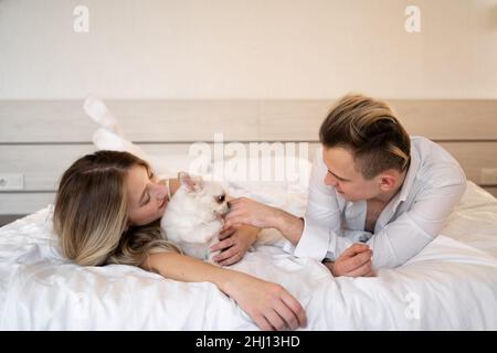 Una coppia coccola un cane seduto sul letto di casa. Un uomo e una donna si siedono con il loro cane sul letto e giocano con esso. pet un chihuahua. Foto Stock