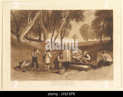 Novello Tricks (Liber Studiorum, parte V, piatto 22) 1 gennaio 1811 progettato e inciso da Joseph Mallord William Turner British Turner distillò le sue idee sul paesaggio in 'Liber Studiorum' (latino per il Libro degli Studi), una serie di settanta stampe più un frontespizio pubblicato tra il 1807 e il 1819. Per stabilire le composizioni, ha realizzato disegni acquerelli marroni, poi inciso contorni su lastre di rame. Gli incisori professionisti solitamente svilupparono il tono sotto la direzione di Turner, e dicono qui aggiunto mezzotinta per descrivere gli apprendisti raccolti intorno ad un canale d'acqua in un parco, con case viste thr Foto Stock