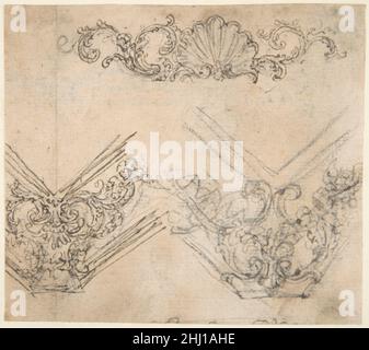 Disegni per la decorazione di un fregio e motivi d'angolo (recto); disegno per due cornici decorate con volute, ghirlande e testa di un putto (verso) 1652–1725 Giovanni Battista Foggini italiano. Disegni per la decorazione di un fregio e motivi d'angolo (recto); disegno per due cornici decorate con volute, Garlands e la testa di un putto (verso) 346352 Foto Stock