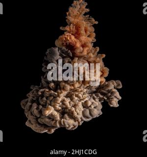 vernici acriliche che formano una nube dorata e marrone in acqua. Foto Stock