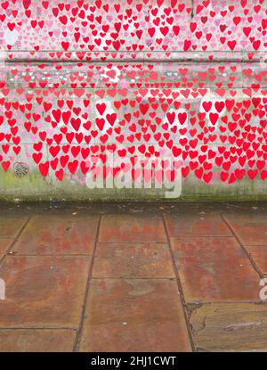 I cuori rossi, che rappresentano coloro che sono morti di Covid-19, sul National Covid Memorial Wall si riflettono nel bagnato marciapiede di Londra. Foto Stock