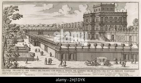 Vista della facciata laterale del Palazzo Pamphili e del suo giardino (secondo Prosetto per fianco del palazzo con deviazione del giardino del Bel respiro...Pamphilio) dopo il 1677 Simon Felice italiano con una circonferenza di quasi sei miglia, La Villa Doria Pamphilj è un buon esempio delle ampie ville-parchi-giardini dell'Italia barocca, circondate da boschi e prati della campagna romana. Commissionata da Papa Innocenzo X (Pamphilj) e costruita da Alessandro Algardi (1598-1654) dal 1644 in poi, la casa del piacere nei nuovi giardini noti come il Casinò aveva una facciata riccamente scolpita e belvedere. Foto Stock