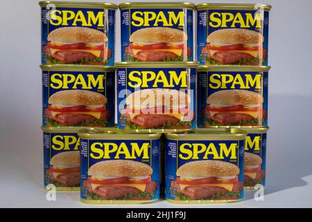 Barattoli di Spam Luncheon Meat, USA Foto Stock