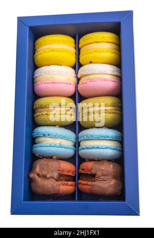 Macaroon esclusivi in scatola blu con gusto Foto Stock