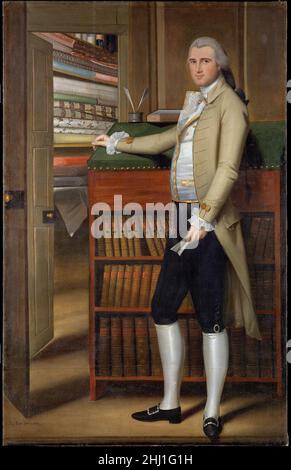 Elijah Boardman 1789 Ralph Earl il pittore americano Ralph Earl dipinge il mercante di articoli secchi elegantemente vestito Elijah Boardman (1760–1823) nel suo negozio a New Milford, Connecticut. Un'ambientazione non convenzionale per un ritratto a tutta lunghezza, l'opera offriva a Boardman l'opportunità di esporre la sua vasta merce. Una porta aperta sulla sinistra rivela l’inventario tessile del negoziante, tra cui sete, lane, cotoni stampati e biancheria, molti dei quali importati dall’India, dalla Cina e dall’Europa attraverso i porti inglesi. Anche se non raffigurato, Boardman vendeva anche beni di lusso dallo spagnolo Foto Stock