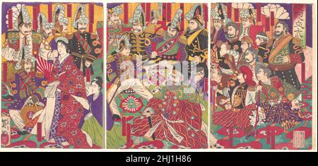 Funzionari civili e militari Dicembre 1877 Toshimasa il giapponese che si appropria nella centrale in abito giapponese è Saigo Takamori (1827–1877), l'eroe popolare e influente samurai di Satsuma nel sud di Kyushu. Sua figlia Ayako appare nel pannello di sinistra. Subito dopo la Restaurazione Meiji nel 1868, c'era molta dissoddisfazione, in particolare tra i samurai che avevano perso tutto il loro prestigio e privilegi precedenti. Molti samurai di Satsuma lontani ad ovest erano tra i più reazionari, e quando le spade furono proibite nel gennaio del 1877, il loro odio nei confronti del governo giunse a un capo. T Foto Stock