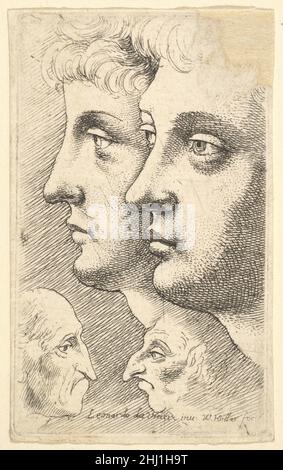 Due giovani in profilo a sinistra con due teste grottesche rivolte l'una verso l'altra sotto 1644–52 Venceslao Hollar Bohemian due teste di giovani uomini, l'uno a sinistra in profilo a sinistra, l'altro a tre quarti di profilo a sinistra; A basso, due teste grottesche di vecchi uomini con lunghi nasi appuntiti, rivolte l'una verso l'altra; dopo Leonardo da Vinci. Due giovani di profilo a sinistra con due teste grottesche rivolte l'una verso l'altra sotto 360782 Foto Stock