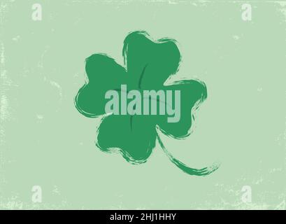 Poster Vector vintage di trifoglio con quattro foglie per il giorno di Patrick. Vintage verde Lucky Clover in stile disegno a mano. Illustrazione Vettoriale