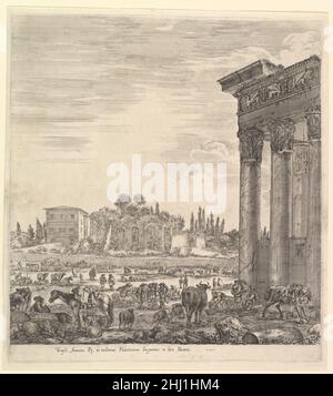 Le colonne del Tempio di Antonino a destra, una parte del campo Vaccino al centro e a sinistra, insieme a vari animali e figure, i resti palatini sullo sfondo, da 'ix grandi vedute, quattro di Roma, E due della campagna romana' (sei grandes vues, dont quatre de Rome et deux de la Campagne romaine) 1656 Stefano della Bella italiano. Le colonne del Tempio di Antonino a destra, una parte del campo Vaccino al centro e a sinistra, insieme a vari animali e figure, i resti palatini sullo sfondo, da 'six grandi vedute, quattro di Roma, e due del connazionale romano Foto Stock