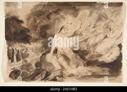 L'agonia nel giardino 1823–24 Eugène Delacroix la prima commissione religiosa ufficiale di Delacroix francese fu un dipinto per la chiesa di Saint-Paul-Saint-Louis a Parigi. Questo studio stabilisce la composizione di base: Cristo si profila contro una roccia, inchina la testa, e alza la mano per riconoscere l'accettazione del suo destino, annunciato dagli angeli in lutto in alto a destra. L’uso del lavaggio da parte di Delacroix, con la sua enfasi sul tono, stabilisce l’importanza simbolica della luce nell’immagine; irradia dagli angeli e da Cristo stesso in mezzo alle tenebre del giardino. L'agonia nel giardino Foto Stock